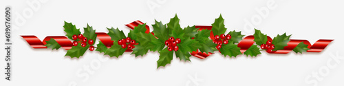 Christmas garland with holly berries and leaves and ribbons, isolated on white.