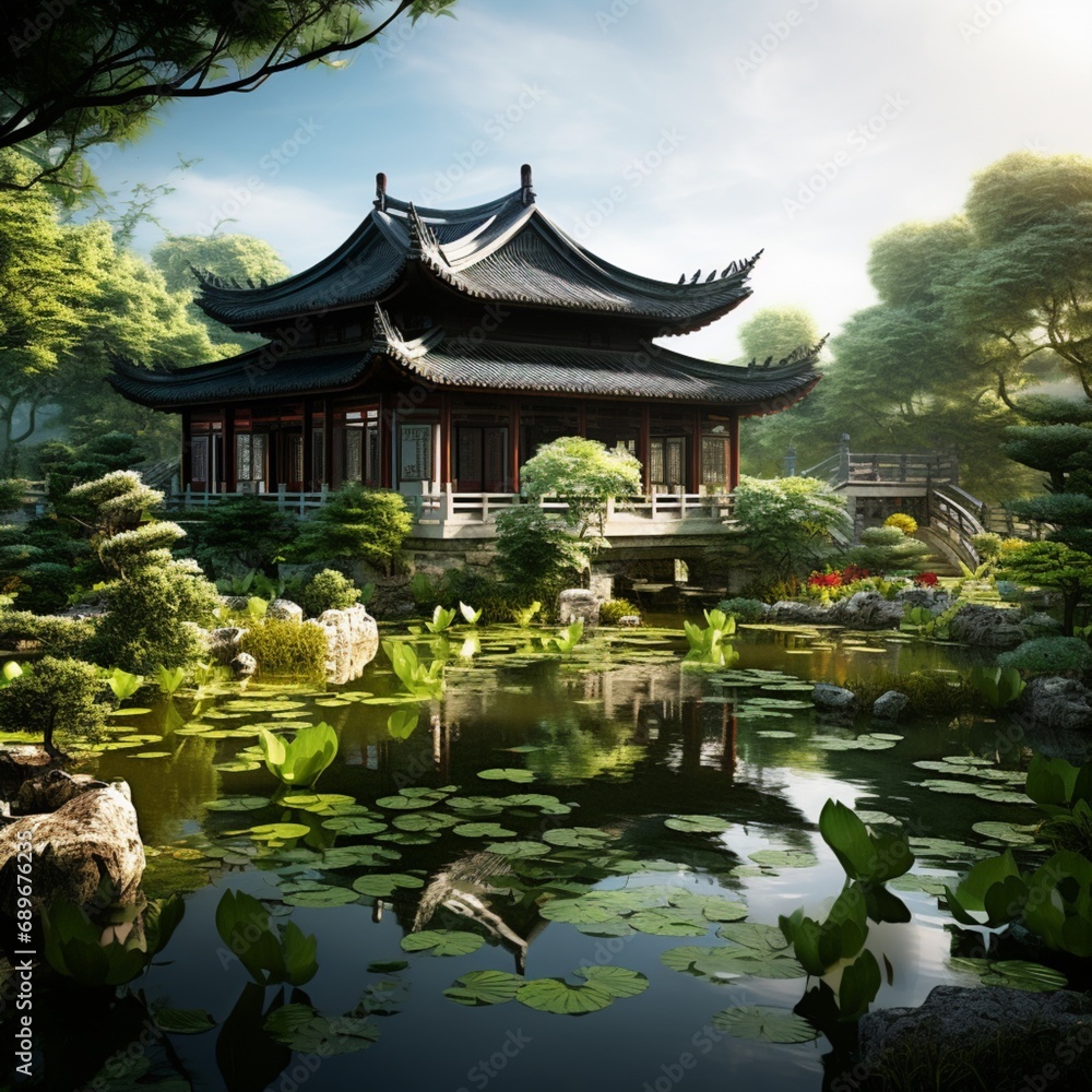 Nice chinese garden house image Generative AI Nice chinese garden house image Generative AI