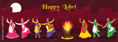 Cheerful Punjabi People Doing Bhangra Dance with Music Instruments and Bonfire, Full Moon on Dark Red Background For Happy Lohri Celebration.