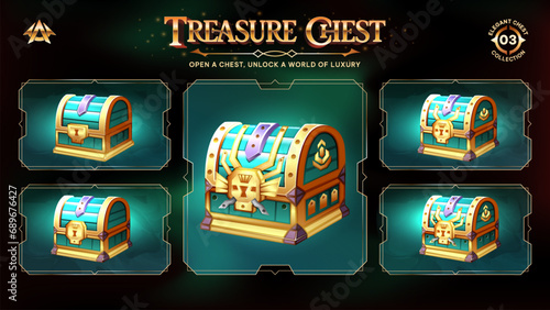 Treasure Chests Collection Unveiling a Realm from Basic to Upgraded Levels for RPG, Fantasy, and Medieval Games-Vector illustration Design