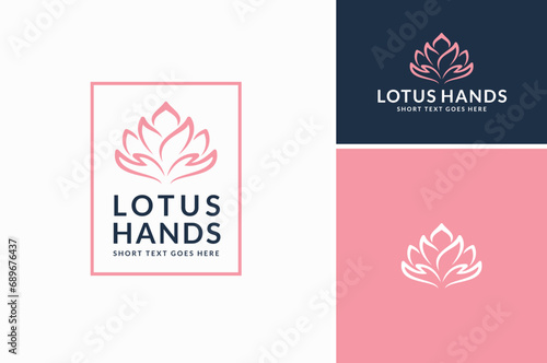 Beautiful Hands as Flower Petals Leaves for Beauty Lotus Salon Spa Woman Cosmetic Care logo design #689676437