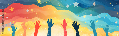 Abstract illustration of people raising hands up on colorful background with stars. Concept of unity, friendship, peace and happiness.