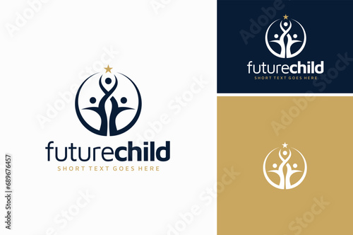 Child Reach Star with Mother and Father. Parent Support Kid to Get Better Future logo design