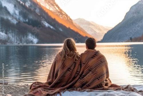 Couple wrapped in blanket by lake. Concept of romantic escapism.