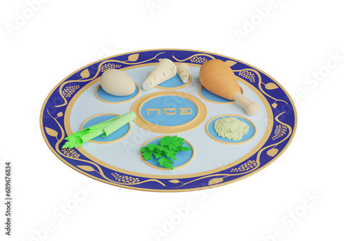 Passover holiday. Passover seder plate isolated on white. 3d rendering
