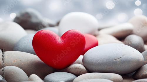 Red stone heart on grey stones