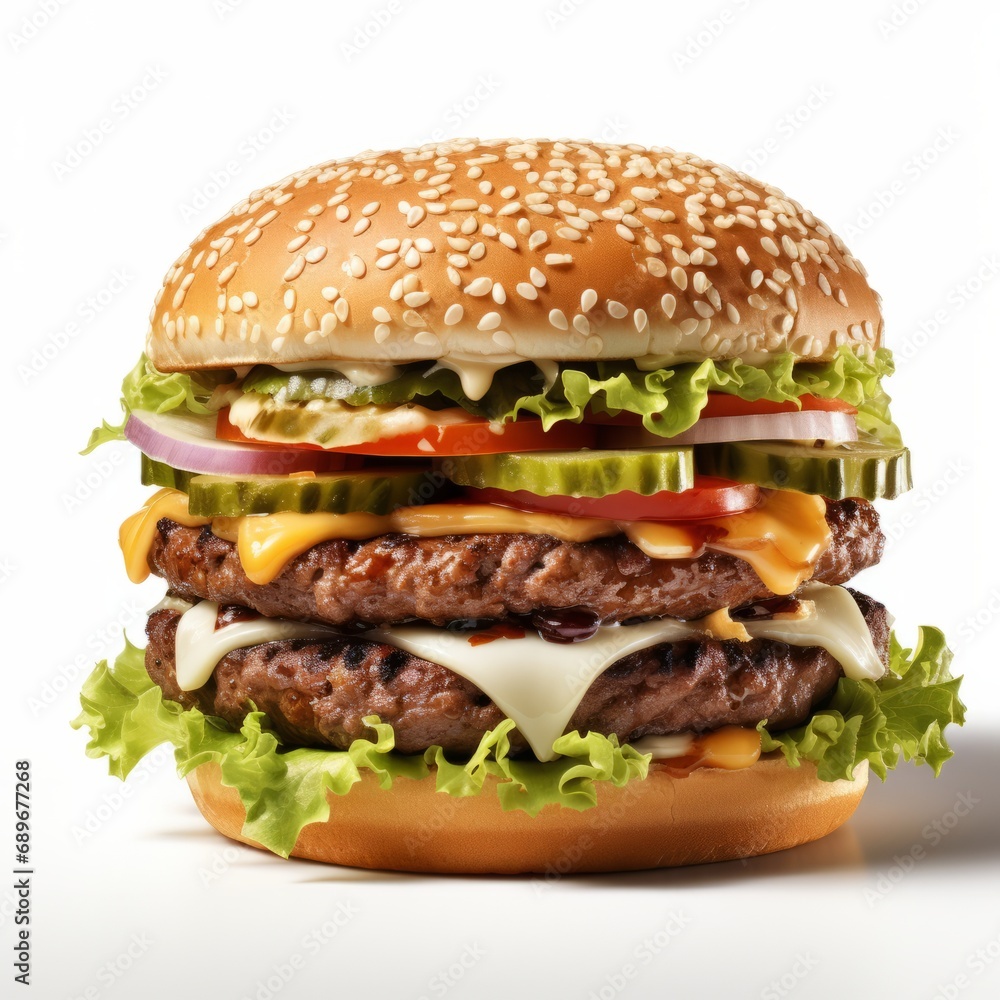 Singular Burger Delight: Isolated on White Background Singular Burger Delight: Isolated on White Background