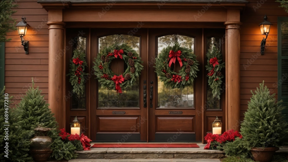 A beautifully crafted wreath adorns a door with rustic charm.