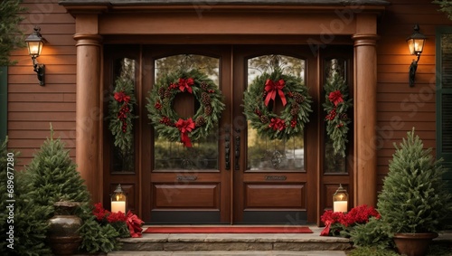 A beautifully crafted wreath adorns a door with rustic charm.