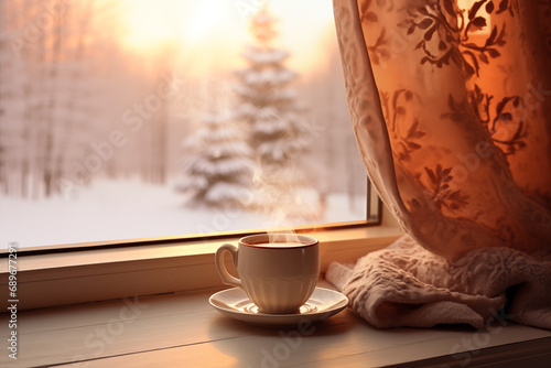 A hot drink in a white porcelain cup with a saucer stands on the windowsill next to the beige curtain and steams against the background of the window view with the sunrise over the snowy forest.