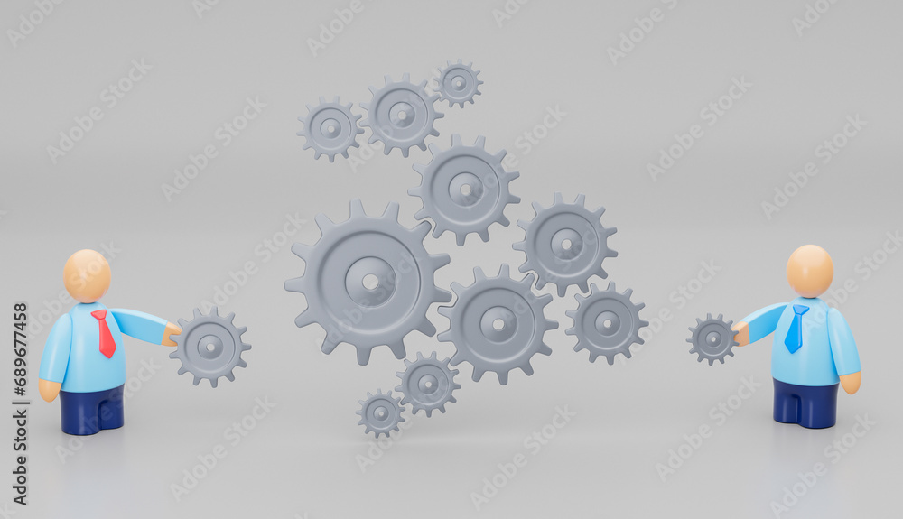 Building a business system. Businessmen adjust business gears. 3d render Building a business system. Businessmen adjust business gears. 3d render