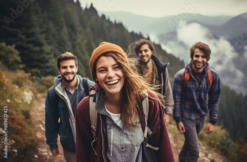 A group of friends hiking and smiling