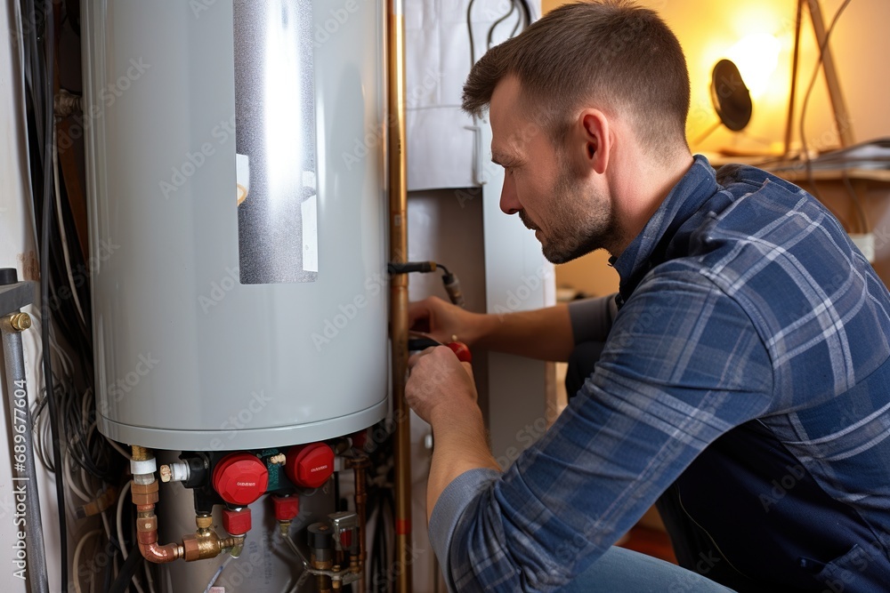 Technician working on a residential water heater. He's adjusting valves and appears to be in the middle of a maintenance job or a repair.