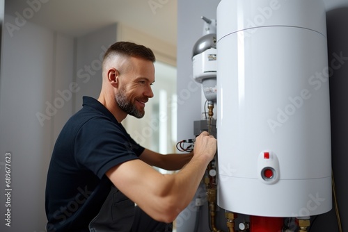 Technician working on a residential water heater. He's adjusting valves and appears to be in the middle of a maintenance job or a repair. 