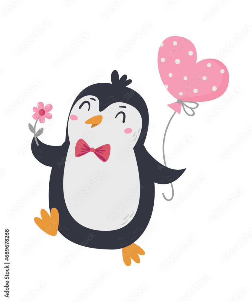 Fototapeta premium Vector illustration of a cute penguin holding a balloon for Valentine's Day