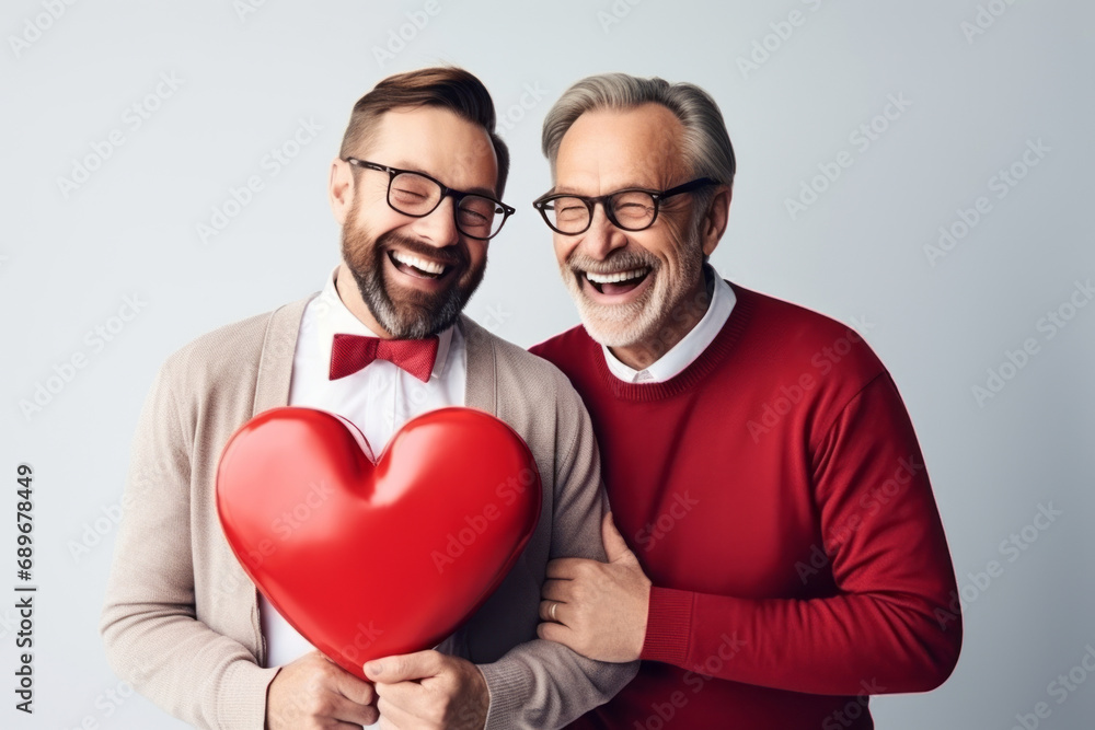 Portrait of handsome cheerful gay couple holding red paper hearts on solid background. Celebrating Valentine's day.