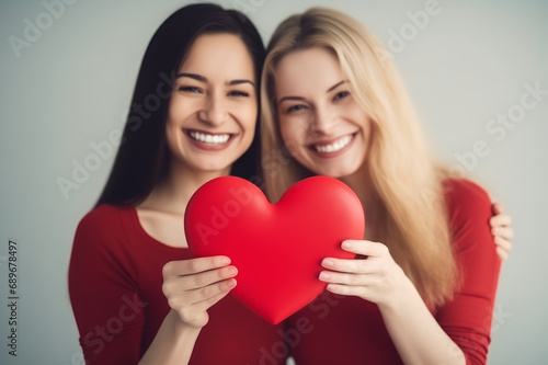 Portrait of beautiful cheerful lesbian couple holding two red paper hearts on solid background. Celebrating Valentine's day.