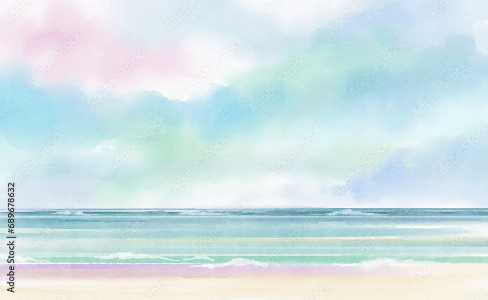 Obraz premium Background of sea, sky, beach, watercolor, hand drawn, card, summer
