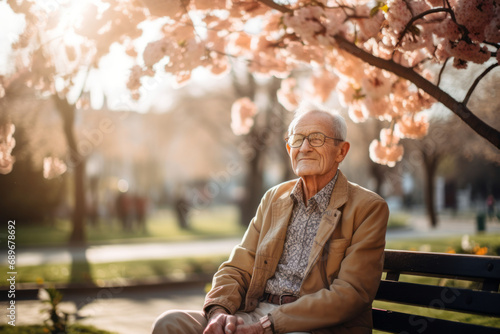 Senior man sitting alone on a bench in city park on sunny spring day. Elderly man enjoying nice spring weather.