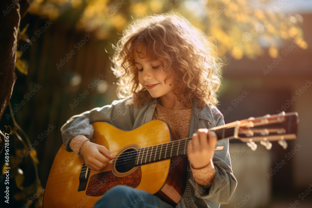 Fototapeta premium Cute little boy learning to play guitar outdoors. Child having fun with music instrument. Art education for kids.