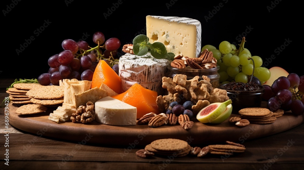 Culinary Elegance: Minimalist Shot of Premium Cheese Board with Artfully Arranged Accompaniments Culinary Elegance: Minimalist Shot of Premium Cheese Board with Artfully Arranged Accompaniments