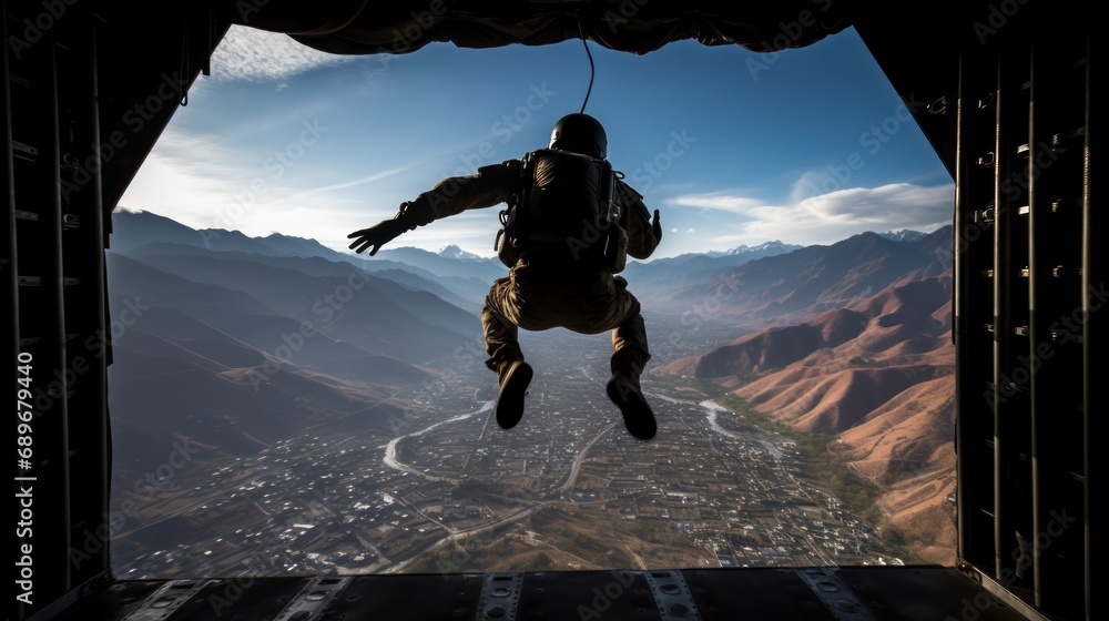 Airborne soldier with parachute on back jumps out of plane at sunrise light. Paratrooping military forces officer practices for mission. Trained man dives in open air from army airplane board - obrazy, fototapety, plakaty 