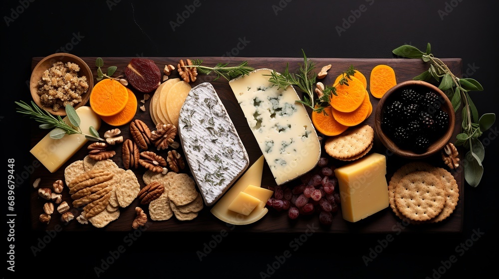 Culinary Elegance: Minimalist Shot of Premium Cheese Board with Artfully Arranged Accompaniments Culinary Elegance: Minimalist Shot of Premium Cheese Board with Artfully Arranged Accompaniments