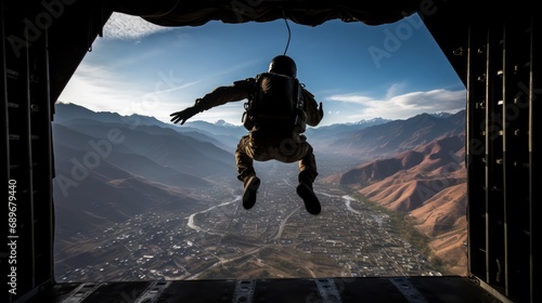 Airborne soldier with parachute on back jumps out of plane at sunrise light. Paratrooping military forces officer practices for mission. Trained man dives in open air from army airplane board photo