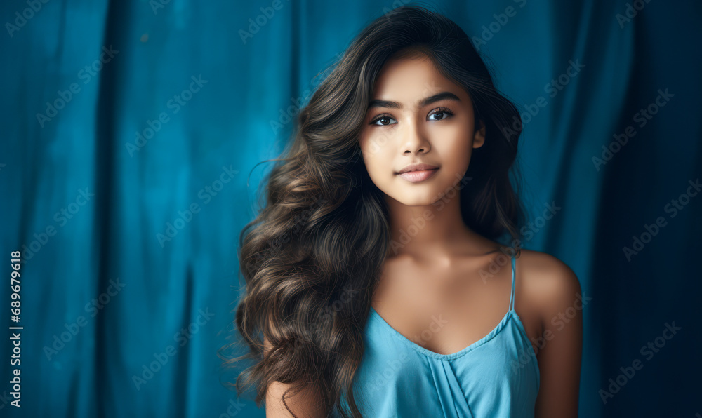 Radiant young Southeast Asian girl with long hair in a blue dress against a blue textured background, embodying youthfulness and serene beauty