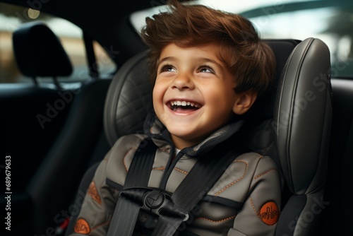 Joyful child is sitting in a car seat and wearing seat belts, safe driving, saving lives