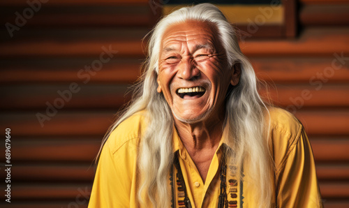 Joyful elderly Native American man with long white hair, laughing heartily, wearing a yellow shirt against a yellow wooden background, exuding warmth and vitality photo