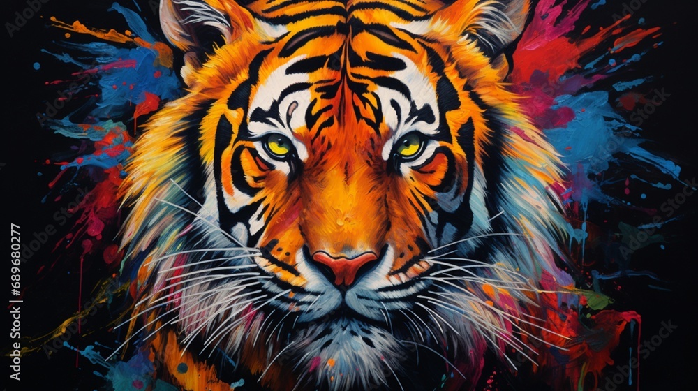a majestic tiger, its bold stripes and fierce expression depicted in vivid colors on a pristine white canvas, symbolizing strength and power.