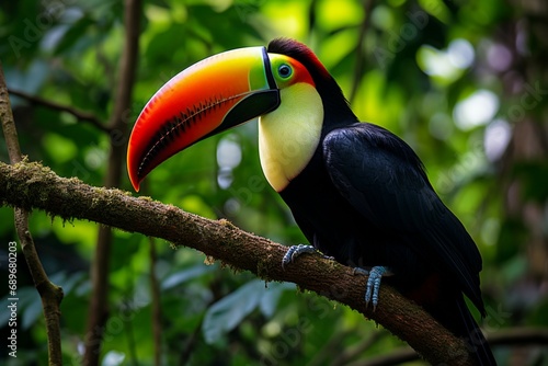 Keel billed Toucan perched on a forest branch in Panamas lush greenery © Muhammad Shoaib