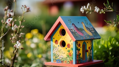 A colorful bird house that can be found outside