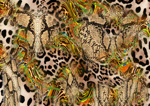 Combination textile collage pattern of wave and lines colored leopard snake tiger textures
