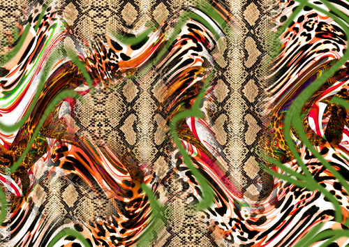 Combination textile collage pattern of wave and lines colored leopard snake tiger textures 