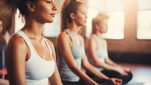 Tranquil woman meditates with group during yoga session. Quite sporty people contemplate mind and relax sitting in lotus poses in class. Physical and mental recreation with mindfulness