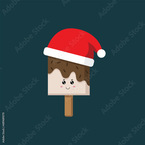 Christmas vector: Illustration of a cute ice cream wearing a red Santa hat. Suitable for Christmas mascots, t-shirt printing, children's books, and more."
