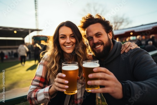 a pair of friends with amber ales at a soccer game