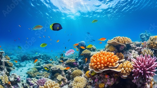 An underwater view of a coral colony and coral fish