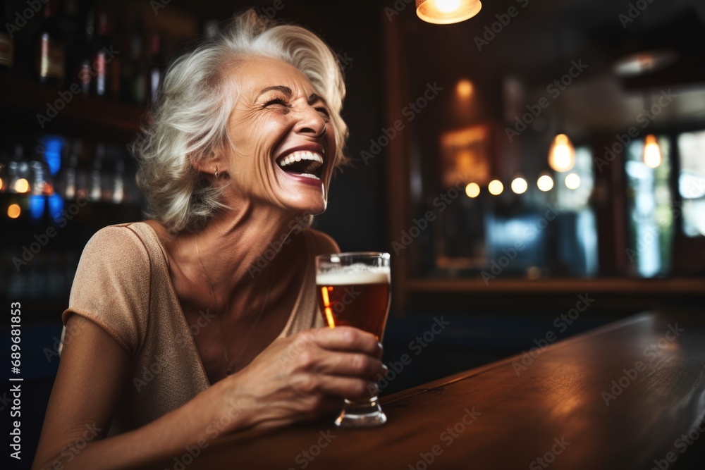 lady laughing while drinking her rye beer at bar - obrazy, fototapety, plakaty 