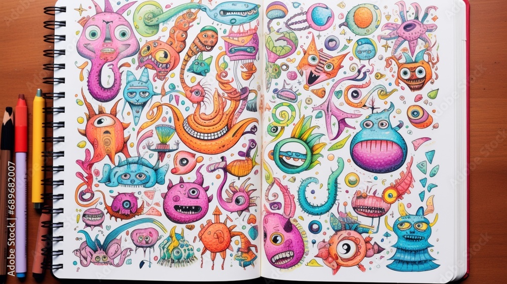 a vibrant and imaginative doodle artwork on a white notebook page, showcasing creative and whimsical drawings with an array of colorful ink.