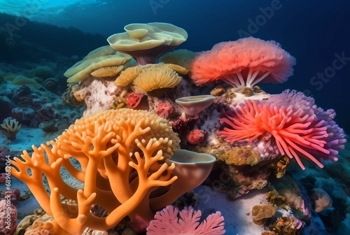 Beautiful underwater scenery with various types of fish and coral reefs   aquarium salt water