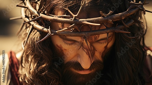 Jesus experiences pain while wearing crown of thorns. Jesus led to suffering through scourging with torment of crown of thorns. Jesus bowed head as savior endures great pain with scourging world photo