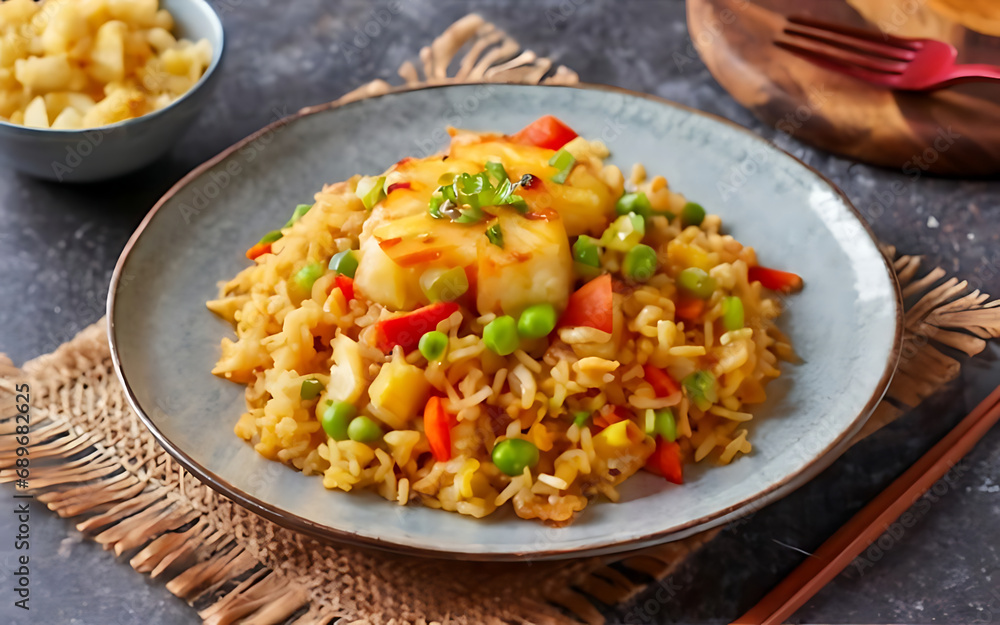 Capture the essence of Pineapple Fried Rice in a mouthwatering food photography shot Generative AI Capture the essence of Pineapple Fried Rice in a mouthwatering food photography shot Generative AI