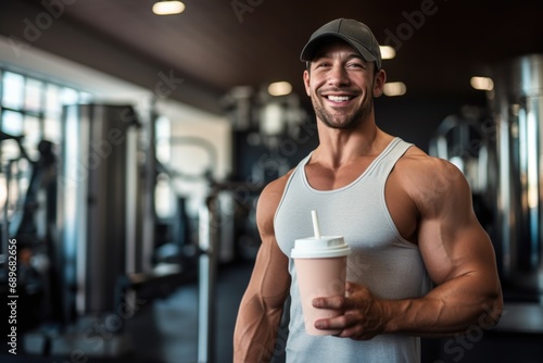 fitness trainer enjoying a protein coffee shake post workout