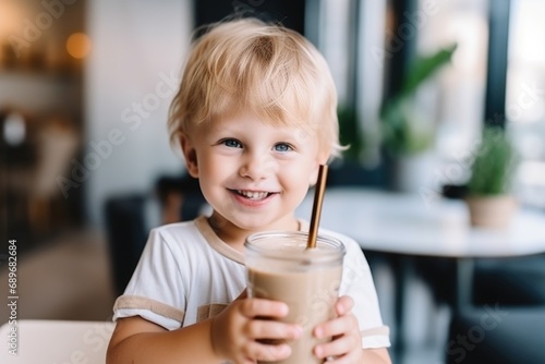 cheerful child sipping coffee shake in a glass with a straw