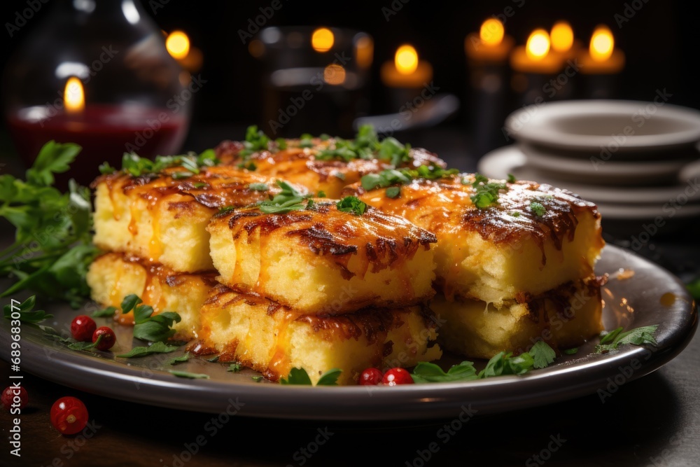 Baked corn bread with cheddar, close-up. Festive Christmas dish