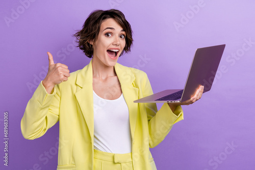 Photo of girl bob brown hair showing like feedback symbol laptop high rate confirm recommendation isolated on violet color background