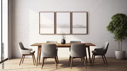 Mockup of posters or framed paintings in a dining room with a wooden table and chairs © Julia Jones